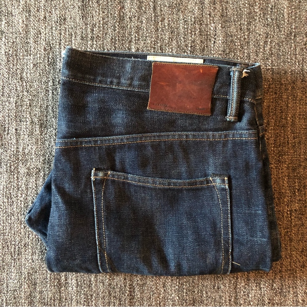AllSaints Dark Blue Denim Jeans with Brown Leather Patch